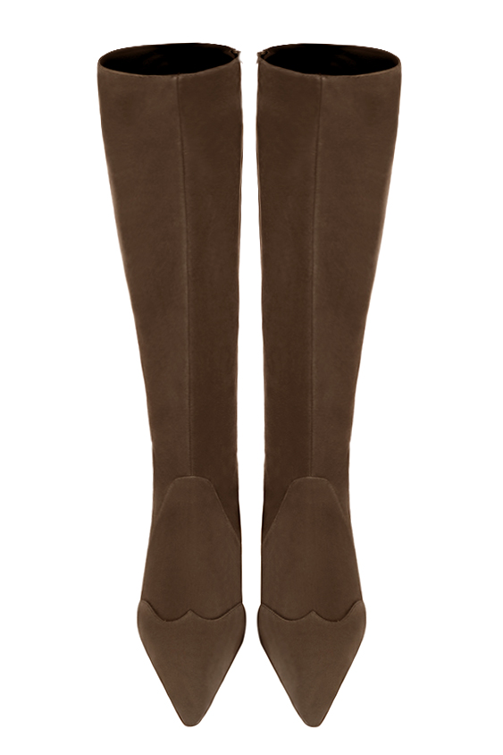 Custom-made women's chocolate brown elegant classic knee-high boots. Pointed toe. Low flare heels - Top view